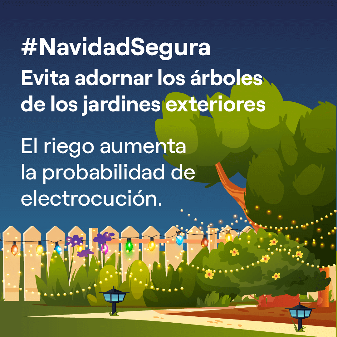 Evita adornar los árboles de los jardines exteriores. Por el riego aumenta la probabilidad de electrocución.