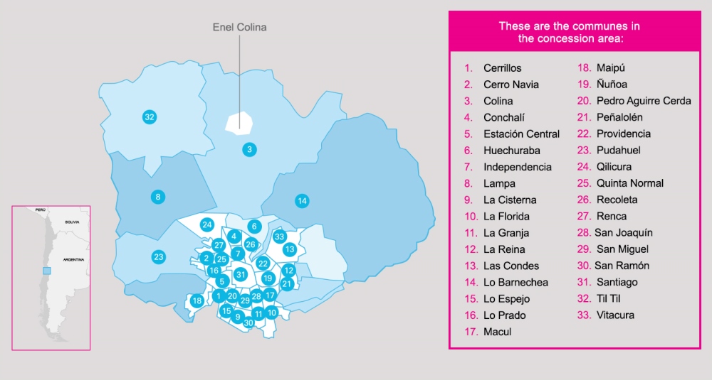 Mapa área de concesión de Enel Distribución Chile